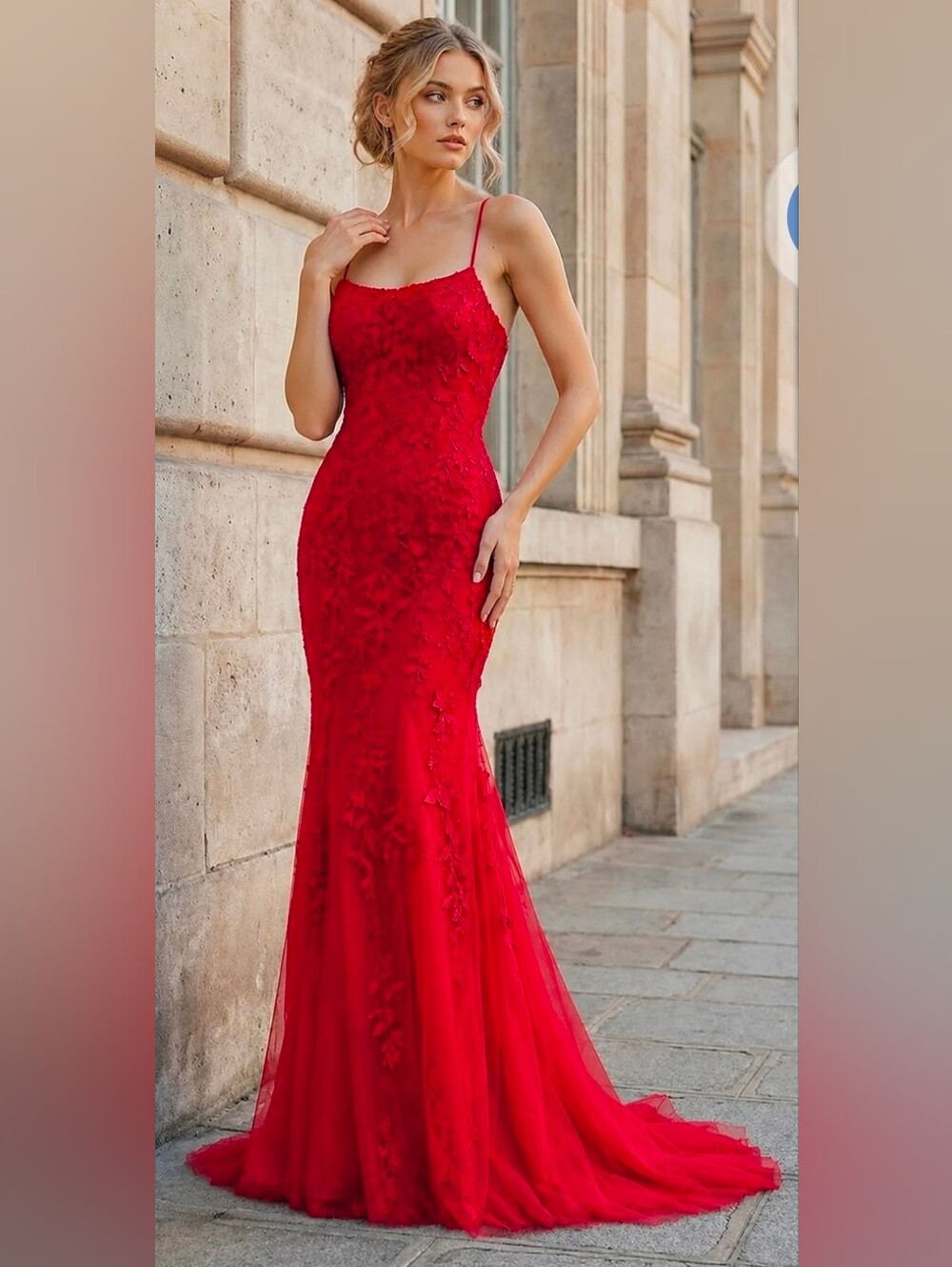 NWT Elegant Red Floral Appliqué Lace Corset Train Full Length Maxi Dress - Picture 10 of 11